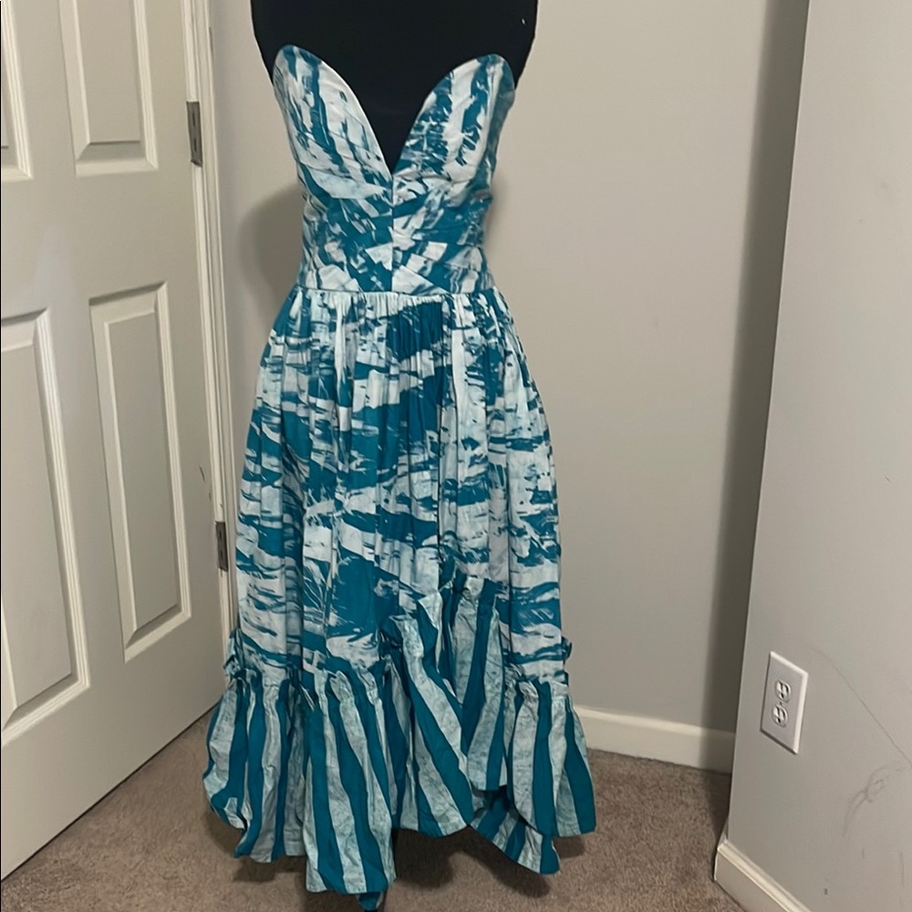 Sika NIA | Blue and White Ruffled Tiered Strapless Sundress | size 10